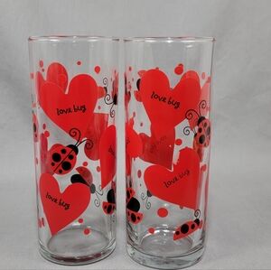 Vtg Lady Bug Love Tumbler Glass Vase Clear Red Black Anchor Hocking Lot of 2